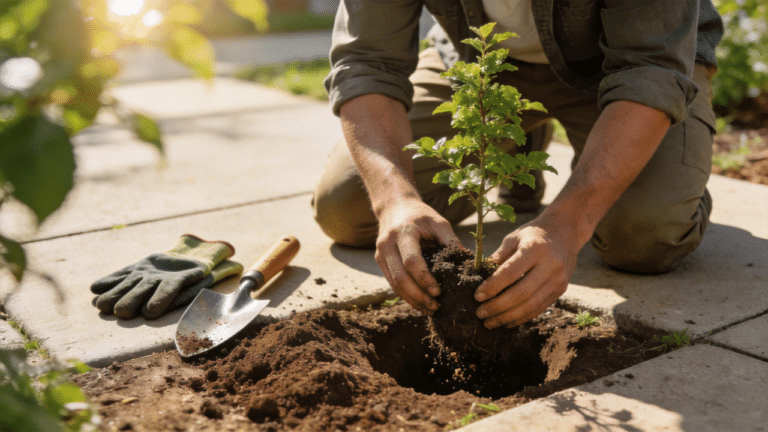 Plantando uma muda de árvore na calçada.