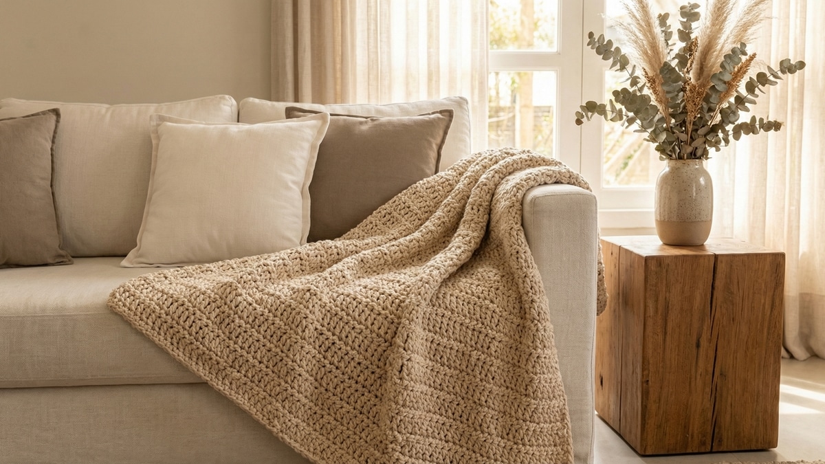 Sala de estar aconchegante com manta de croche bege sobre sofa de linho claro e decoracao natural