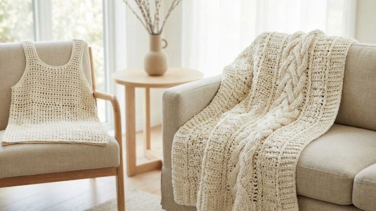 Sala de estar contemporanea com manta de croche sobre sofa neutro e blusa de croche disposta em cadeira de madeira clara