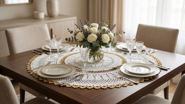 Mesa de jantar com centro de mesa redondo de croche branco com detalhes dourados, loucas refinadas e arranjo floral em cena continua