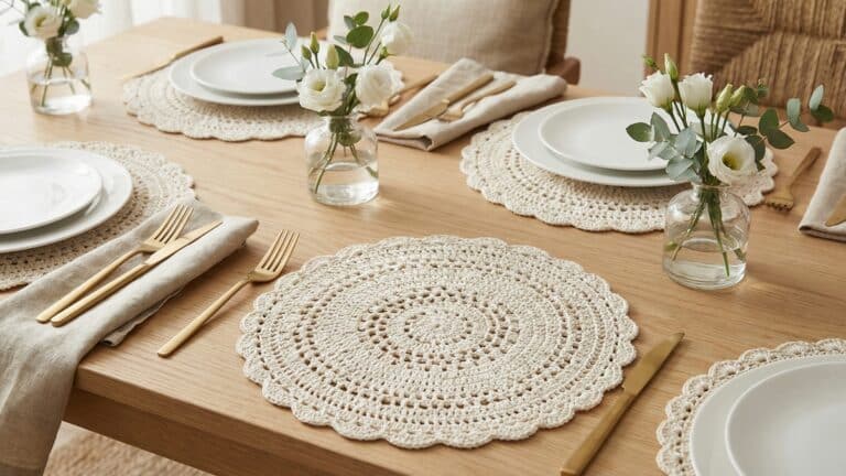 Mesa posta elegante com sousplats de croche off-white artesanais sob pratos brancos, talheres dourados e flores brancas em vasos de vidro