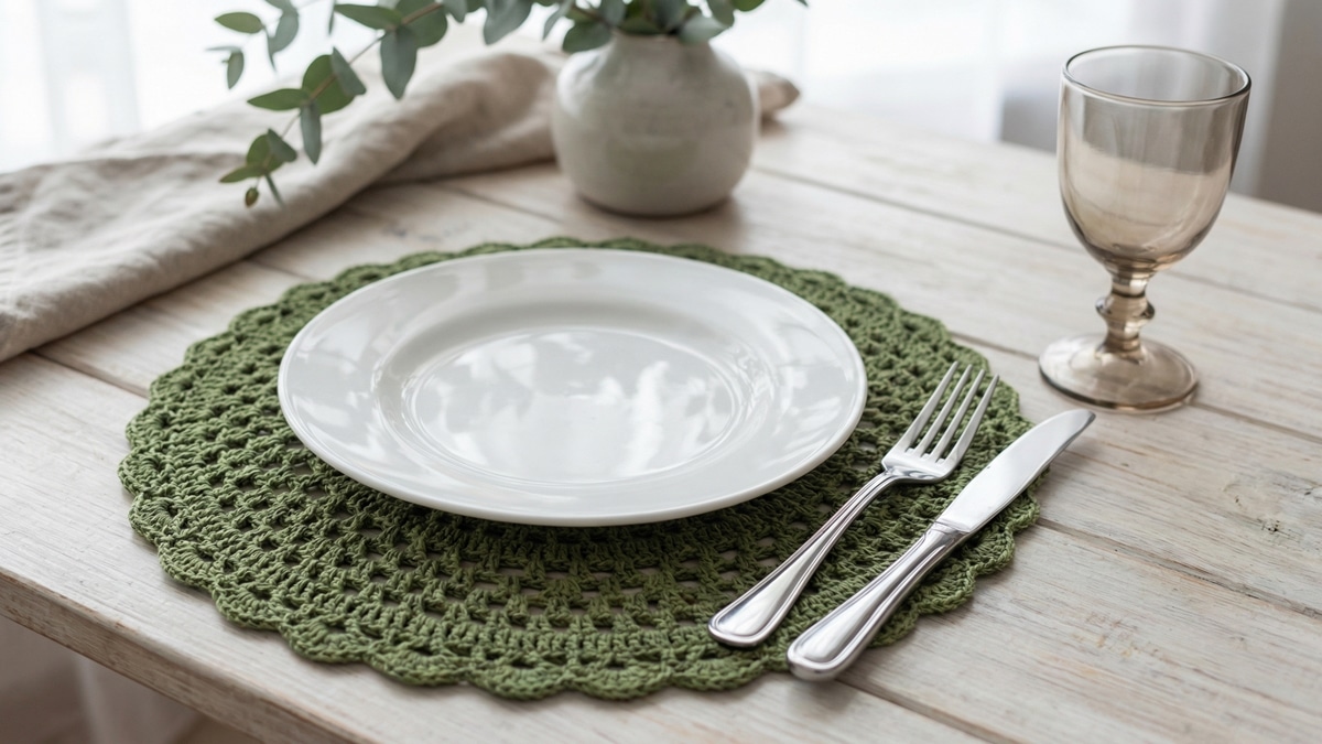 Mesa posta elegante com sousplats redondos de croche verde musgo sob pratos brancos e tacas de vidr
