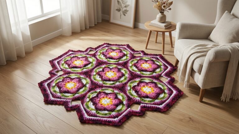 Tapete de croche sextavado floral em cores vibrantes sobre piso de madeira clara em ambiente acolhedo