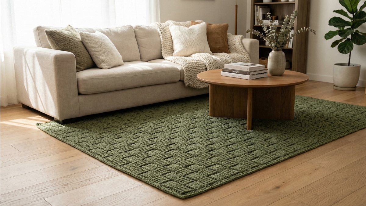 Tapete de croche artesanal verde musgo no centro de sala de estar moderna com sofa neutro e almofadas suaves