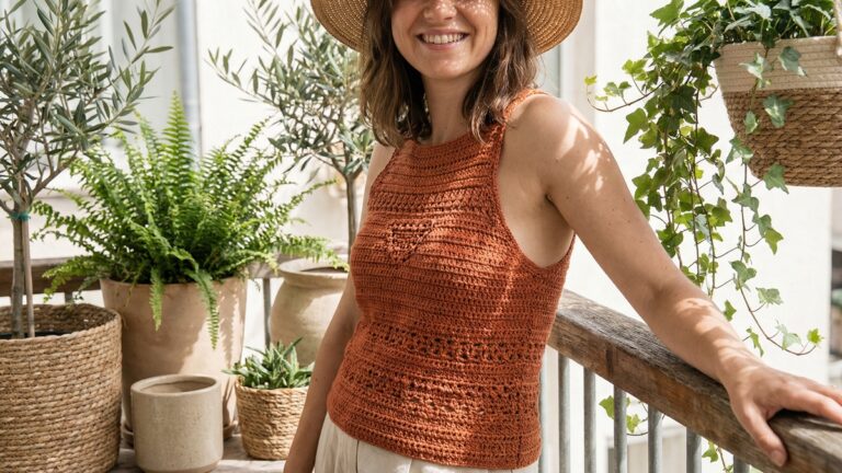 Mulher sorridente usando blusa de croche laranja em varanda com plantas verdes e luz natura