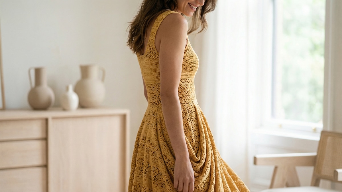 Mulher usando vestido de croche artesanal amarelo em ambiente sofisticado com luz natural e elementos minimalistas