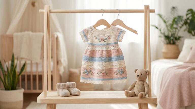 Quarto infantil delicado com vestido de croche artesanal pendurado em cabide de madeira com sapatinhos e ursinho de pelucia