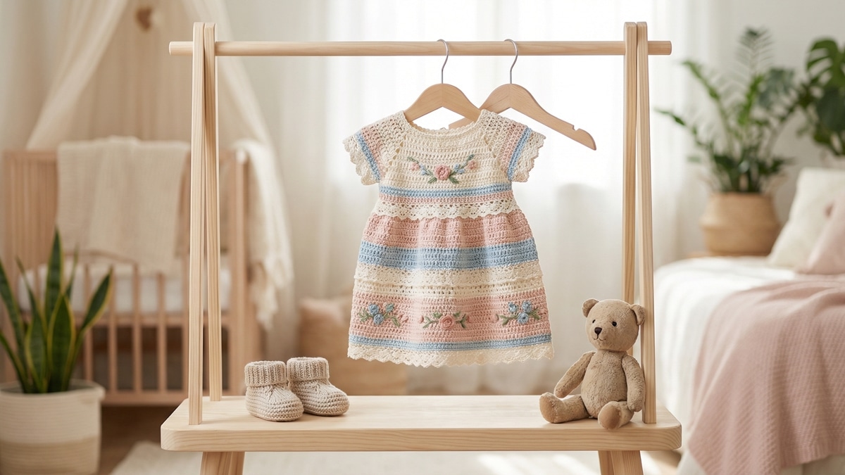 Quarto infantil delicado com vestido de croche artesanal pendurado em cabide de madeira com sapatinhos e ursinho de pelucia