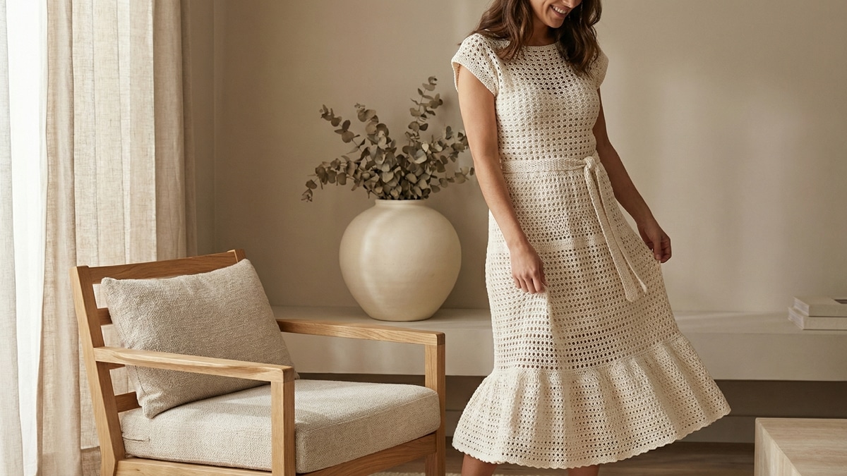 Mulher sorrindo usando vestido de croche midi off white com trama rendada em ambiente interno sofisticado com luz natural difusa