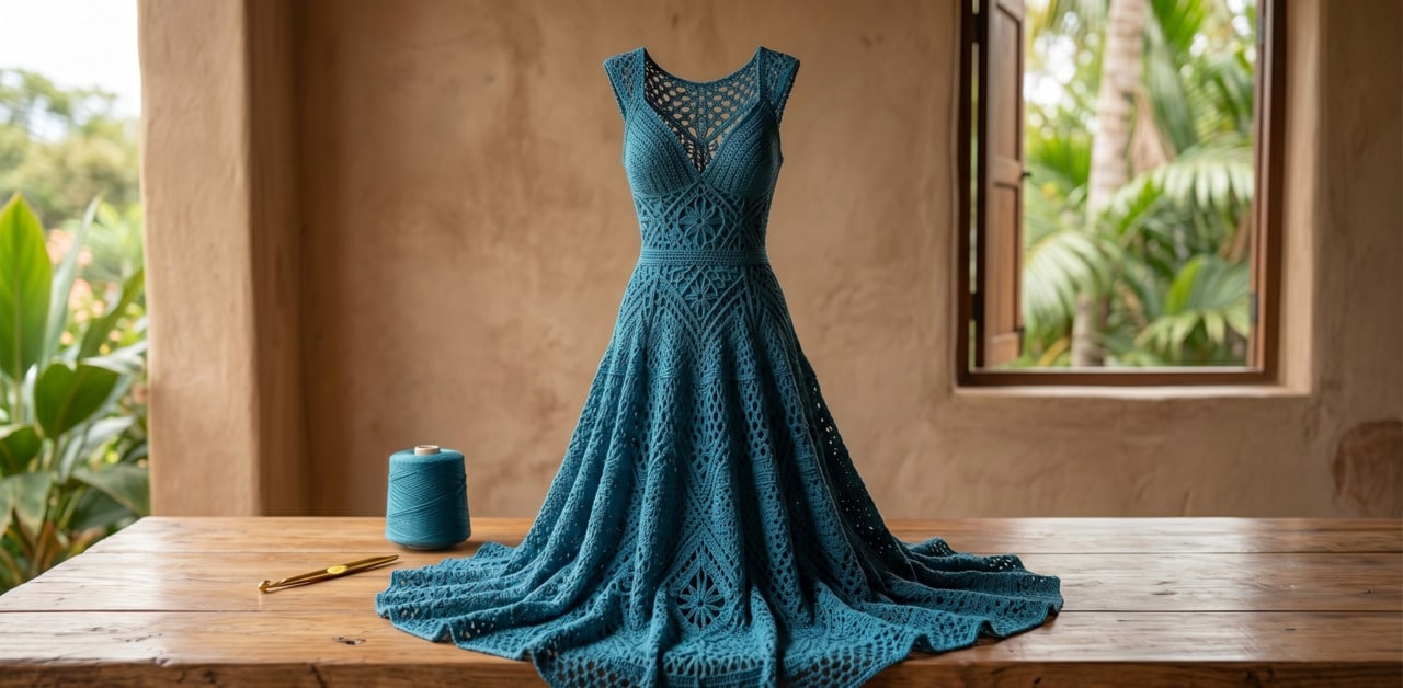 Vestido de crochê azul com rendas artesanais feitas a mão