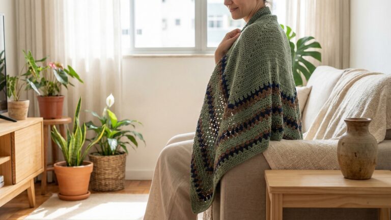 Mulher sorrindo usando xale de croche verde leve em ambiente de verao com decoracao brasileira e luz natural difusa