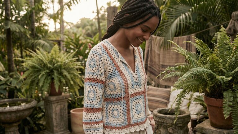 Mulher usando blusinha de croche colorida em cena unica de ambiente externo brasileiro iluminado