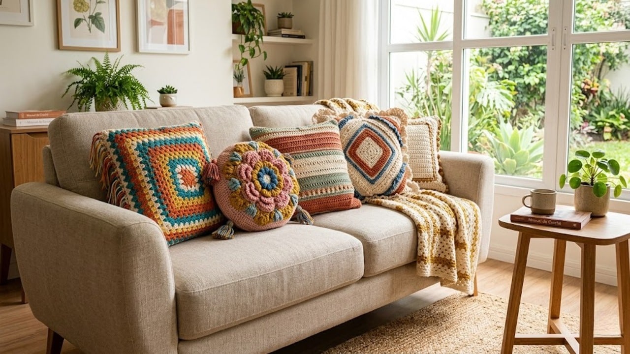 Gráficos de almofadas de crochê elegantes para renovar o visual da sua casa