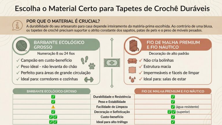 Infografico educativo sobre escolha de materiais para tapetes de croche duraveis com comparacao entre barbante ecologico e fios premium