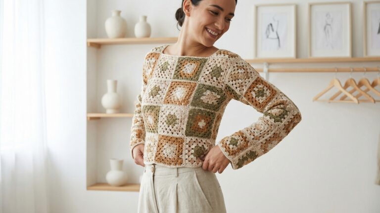 Mulher sorrindo usando blusa de croche artesanal com squares coloridos em tons neutros, estilo boho chic moderno com luz natural