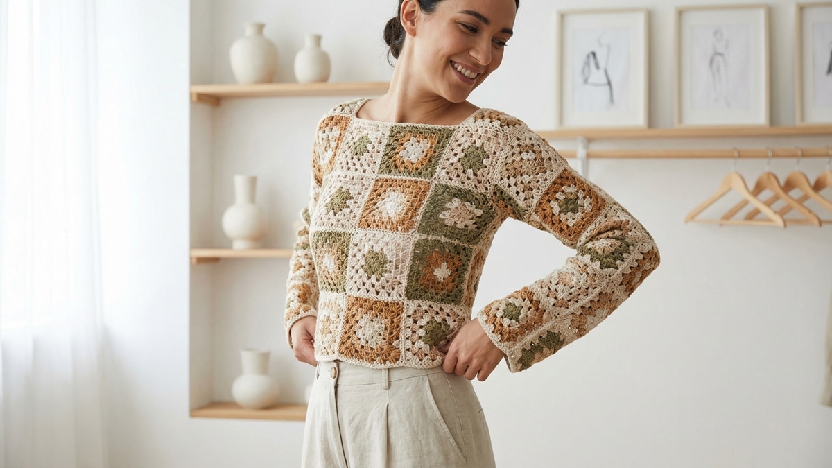 Mulher sorrindo usando blusa de croche artesanal com squares coloridos em tons neutros, estilo boho chic moderno com luz natural