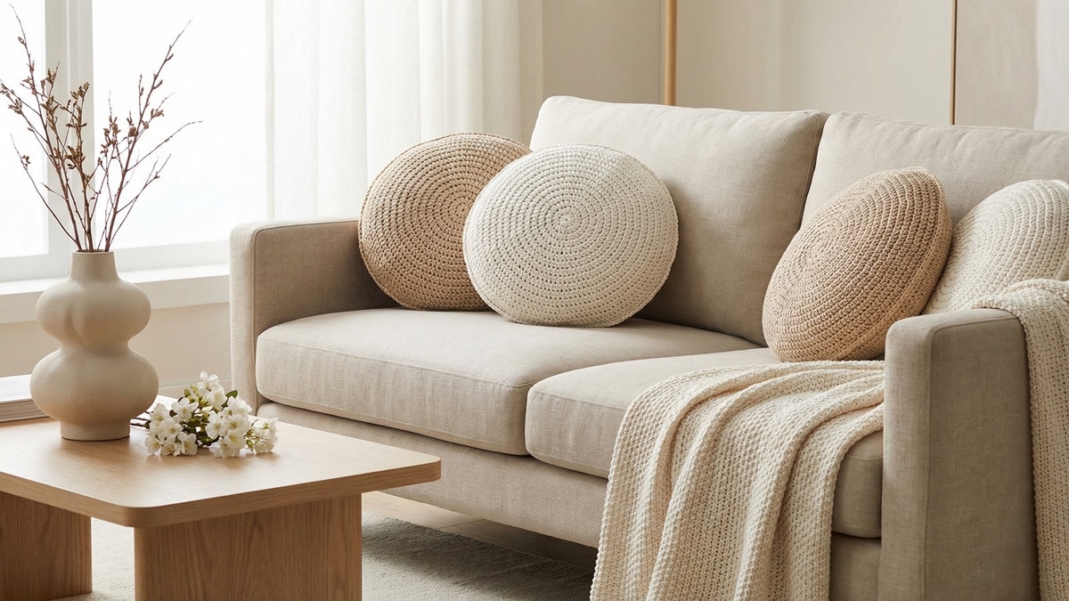 Almofadas redondas de croche bege e off-white sobre sofa neutro com manta, mesa de madeira clara, vaso de ceramica e flores em sala de estar sofisticada