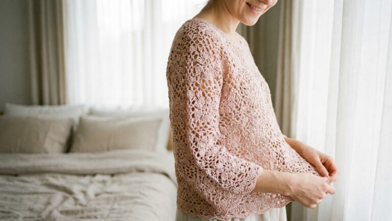 Mulher sorridente usando blusa de croche rosa artesanal em quarto elegante com luz natural suave