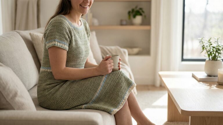 Mulher sorridente usando vestido de croche verde elegante em sala sofisticada com luz natural e decoracao neutra