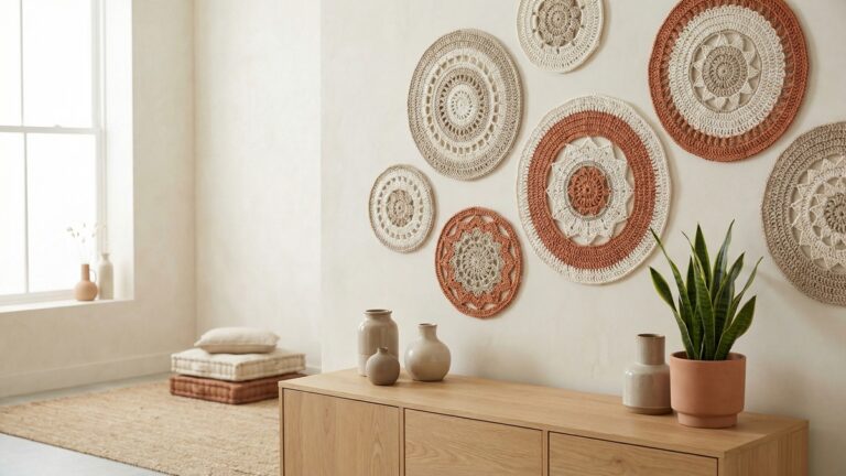 Sala de meditacao com mandalas de croche artesanal em tons naturais decorando parede acima de aparador de madeira