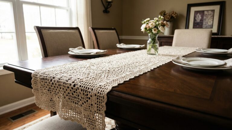 Sala de jantar elegante com caminho de mesa de croche bege sobre mesa de madeira com louca branca e flores