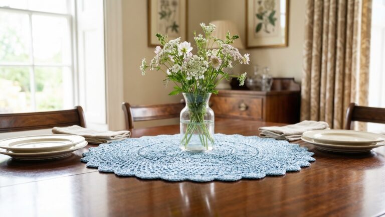 Sala de jantar classica com centro de mesa de croche azul claro sobre mesa de madeira com flores e louca neutra