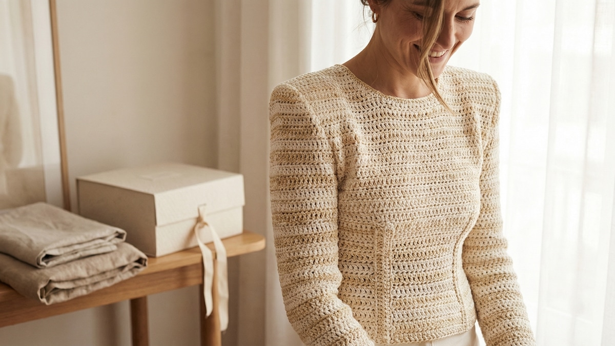 Mulher sorrindo usando blusa de croche de luxo em tons elegantes com modelagem estruturada em estudio sofisticado com luz natural