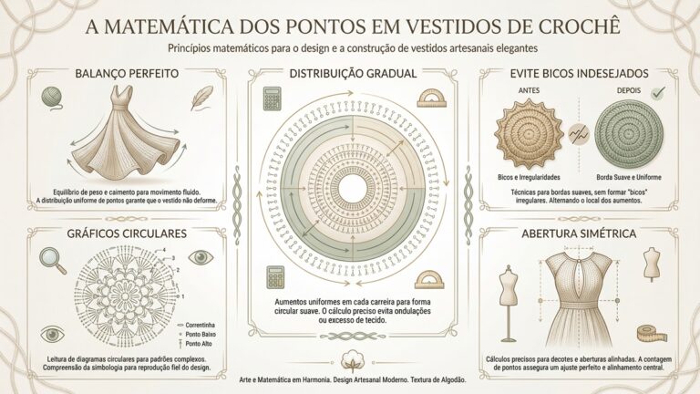 Infografico educativo sobre a matematica dos pontos em vestidos de croche com ilustracoes e diagramas explicativos em portugues