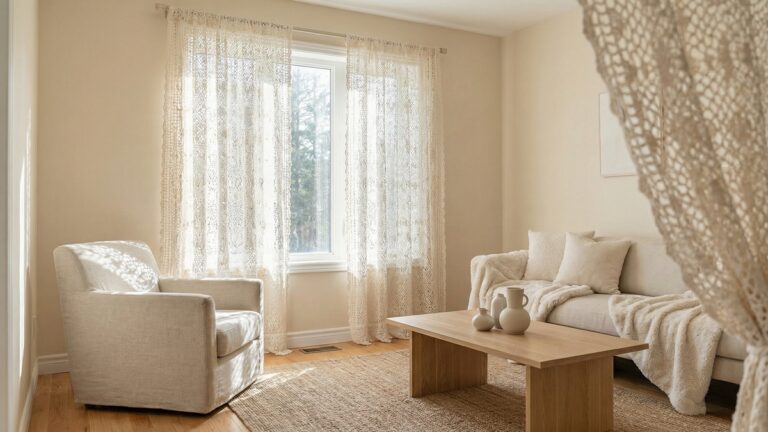 Sala de estar com cortina de croche artesanal em off-white pendurada na janela, luz natural suave, moveis de madeira clara e decoracao minimalista