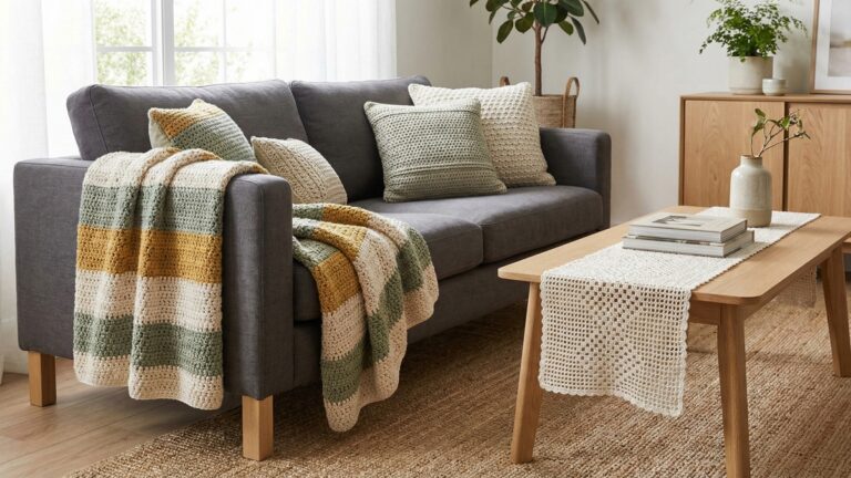 Sala de estar moderna com almofadas e manta de croche artesanal em tons neutros sobre sofa, mesa de madeira clara e luz natural difusa