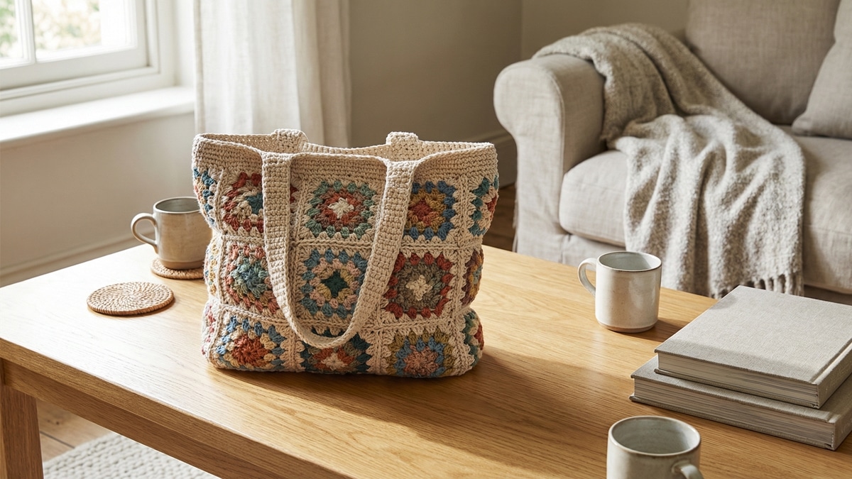 Bolsa de croche artesanal com granny squares coloridos sobre mesa de madeira clara, acessorios neutros e luz natural suave em ambiente elegante