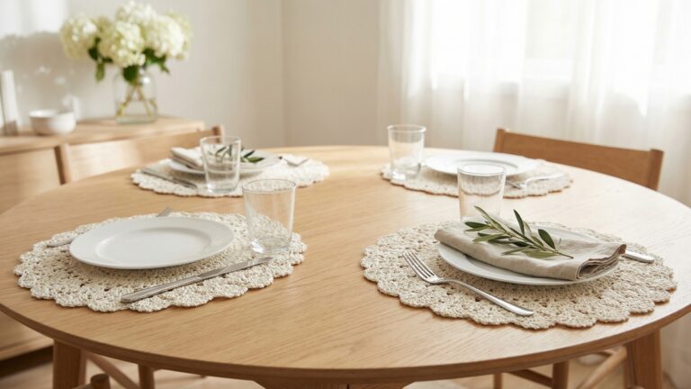 Mesa posta elegante com sousplats redondos de croche em off-white, louca branca, talheres prateados e luz natural suave