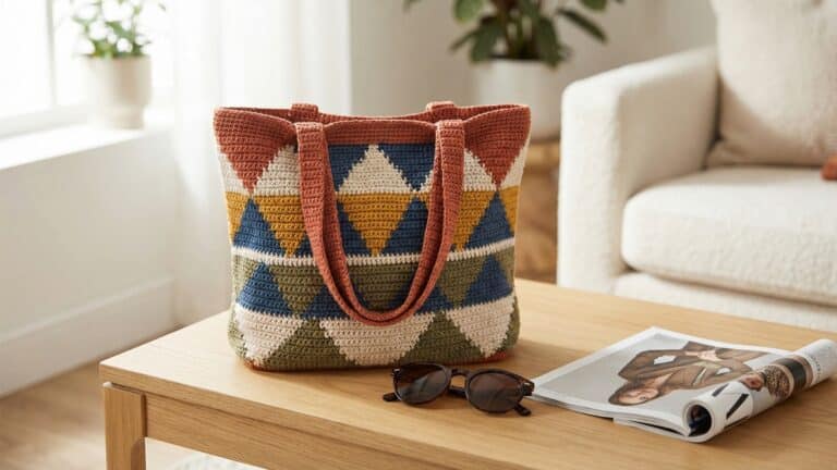 Bolsa de croche artesanal com padronagem geometrica colorida sobre mesa de madeira clara, oculos escuros e revista de moda