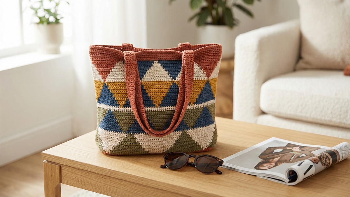 Bolsa de croche artesanal com padronagem geometrica colorida sobre mesa de madeira clara, oculos escuros e revista de moda
