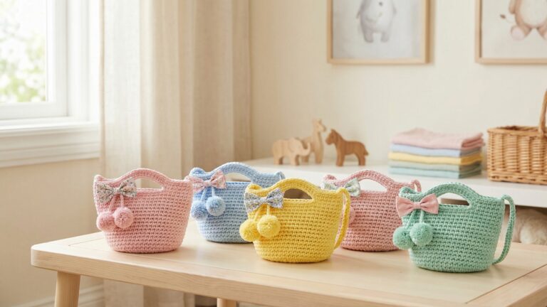 Bolsinhas de croche artesanal infantil em cores suaves sobre mesinha de madeira com decoracao delicada
