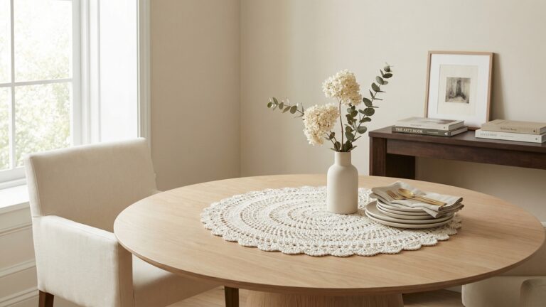 Sala de jantar elegante com centro de mesa de croche artesanal off-white sobre mesa de madeira clara com louca neutra e flores