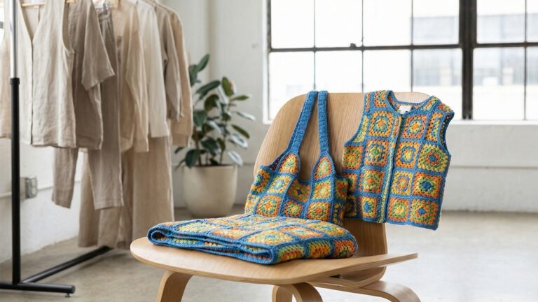 Pecas de croche com squares coloridos incluindo bolsa, blusa e manta sobre cadeira de madeira clara