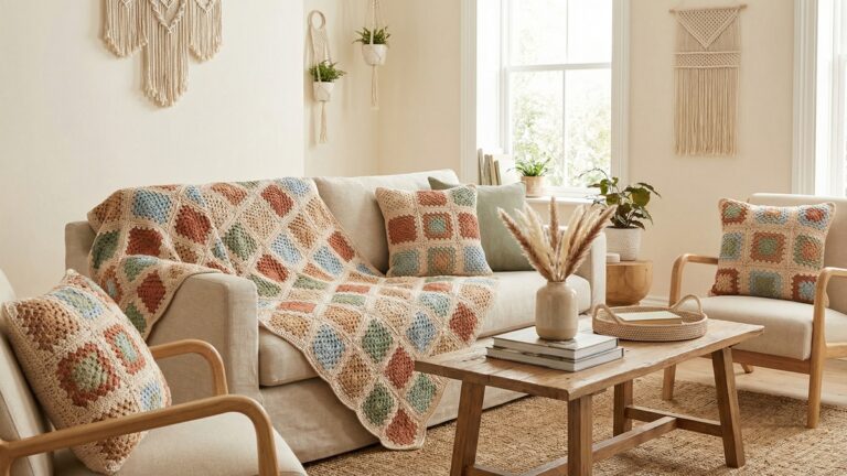 Sala de estar decorada com manta e almofadas de croche em squares coloridos sobre sofa neutro e poltrona clara