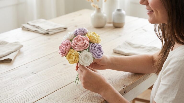 Mesa de madeira clara com mulher segurando flores de croche artesanal em tons rosa, amarelo, branco e lavanda