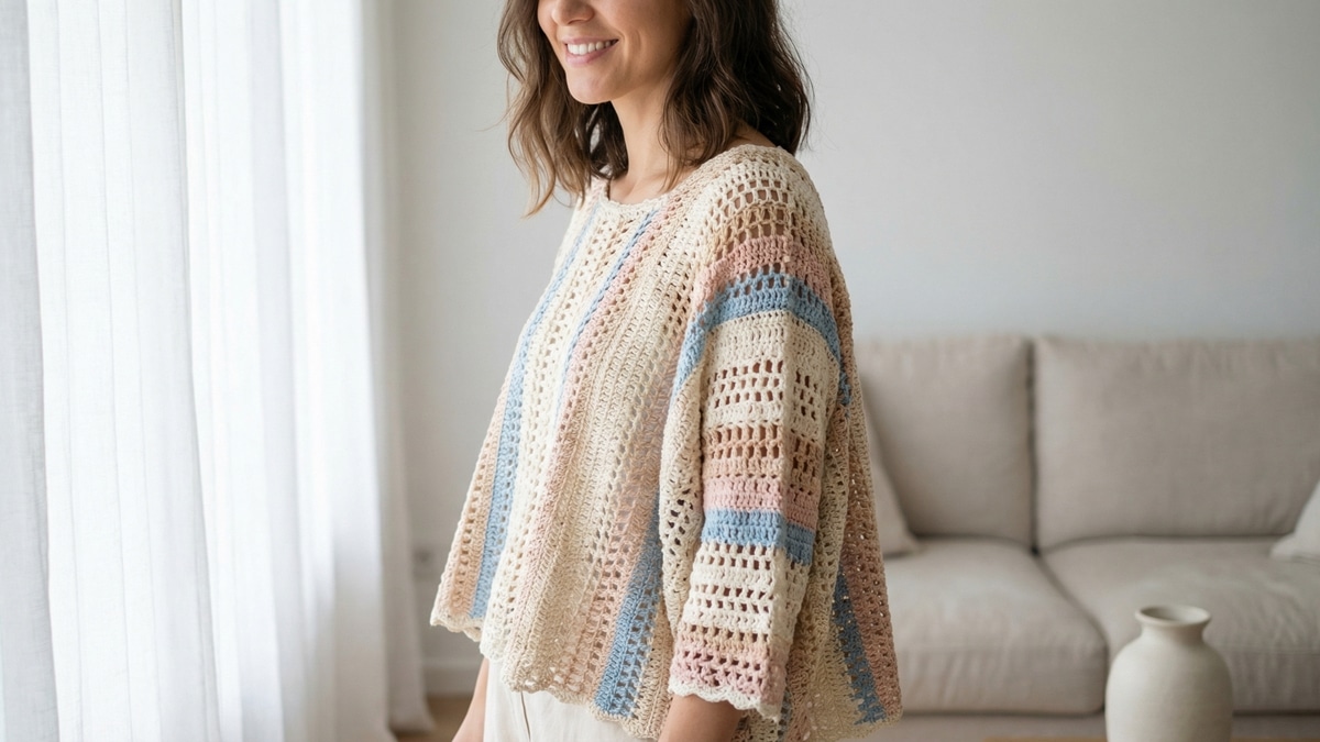 Quarto iluminado com mulher usando blusa de croche artesanal em tons suaves off-white, bege, rosa e azul pastel