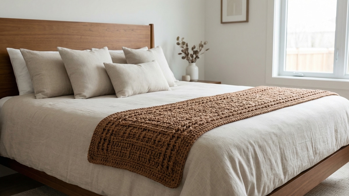 Quarto sofisticado com cama decorada com peseira de croche artesanal em marrom sobre colcha neutra e cabeceira de madeira