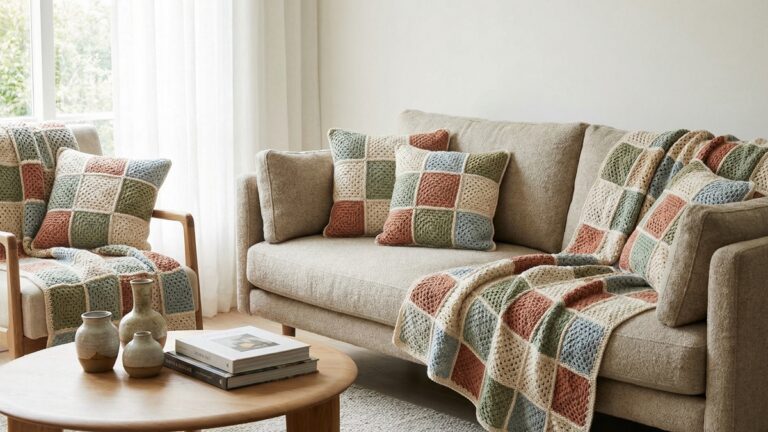 Sala de estar decorada com manta e almofadas de croche em squares bege, verde, terracota e azul sobre sofa neutro