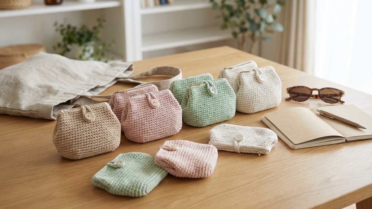 Mesa organizada com porta-moedas de croche artesanal em tons suaves ao lado de bolsa, oculos e caderno