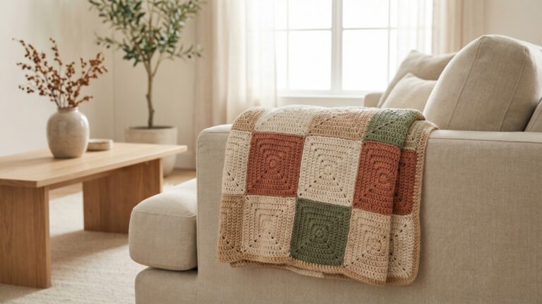 Sala de estar com sofa neutro decorado com manta de croche artesanal em squares coloridos tons suaves, luz natural e decoracao boho moderna