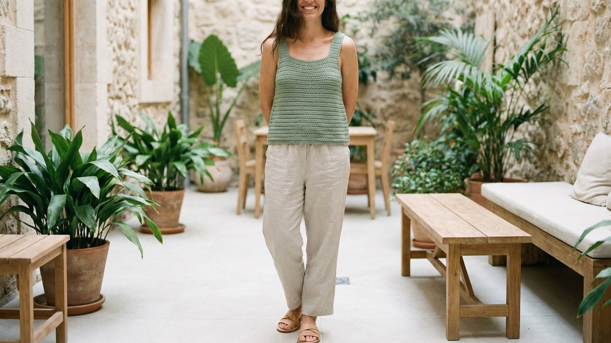Mulher sorrindo usando regata de croche artesanal em cor charmosa, composicao de moda verao urbano com estilo moderno e elegante