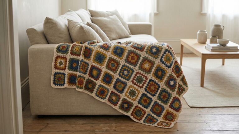 Sala de estar com manta de croche artesanal em squares coloridos sobre sofa claro com almofadas neutras