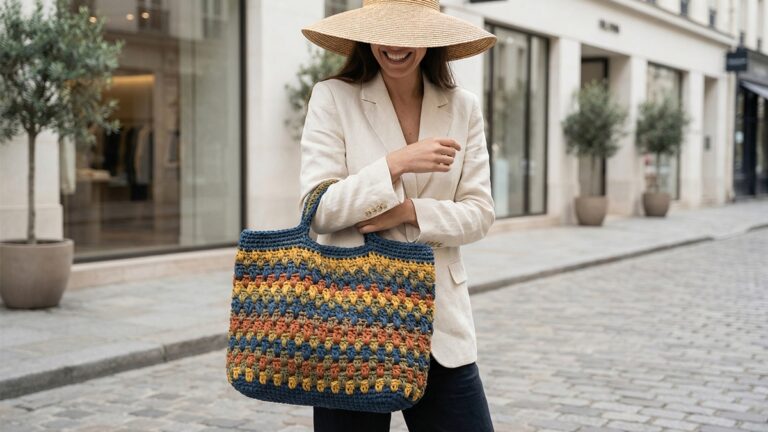 Mulher sorridente em ambiente urbano usando bolsa de croche artesanal colorida em estilo contemporaneo