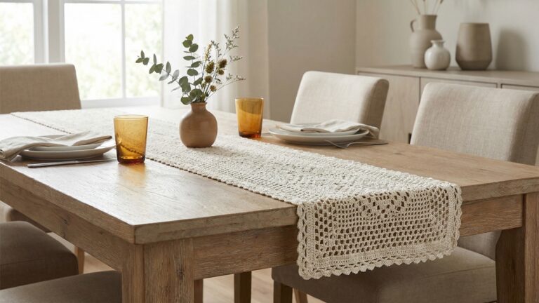 Mesa de jantar com caminho de mesa em croche off-white, louça branca e arranjo de flores naturais
