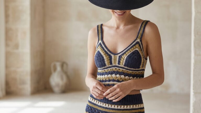 Mulher sorridente usando conjunto de croche moderno em cores elegantes em ambiente sofisticado de moda