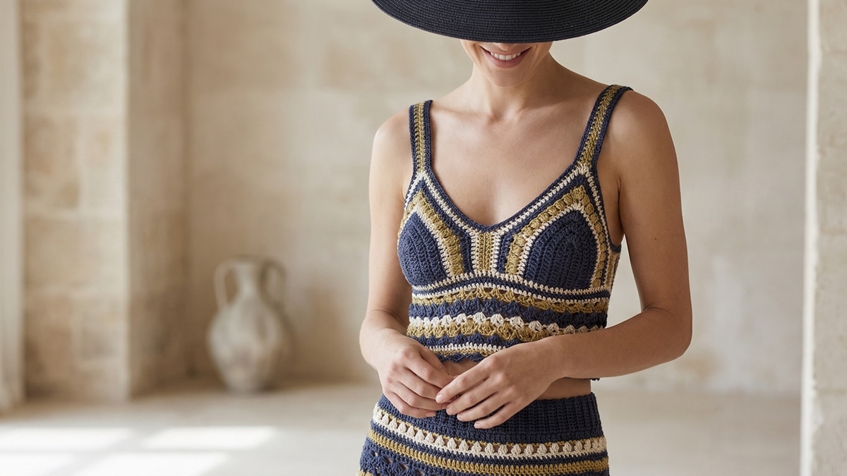 Mulher sorridente usando conjunto de croche moderno em cores elegantes em ambiente sofisticado de moda